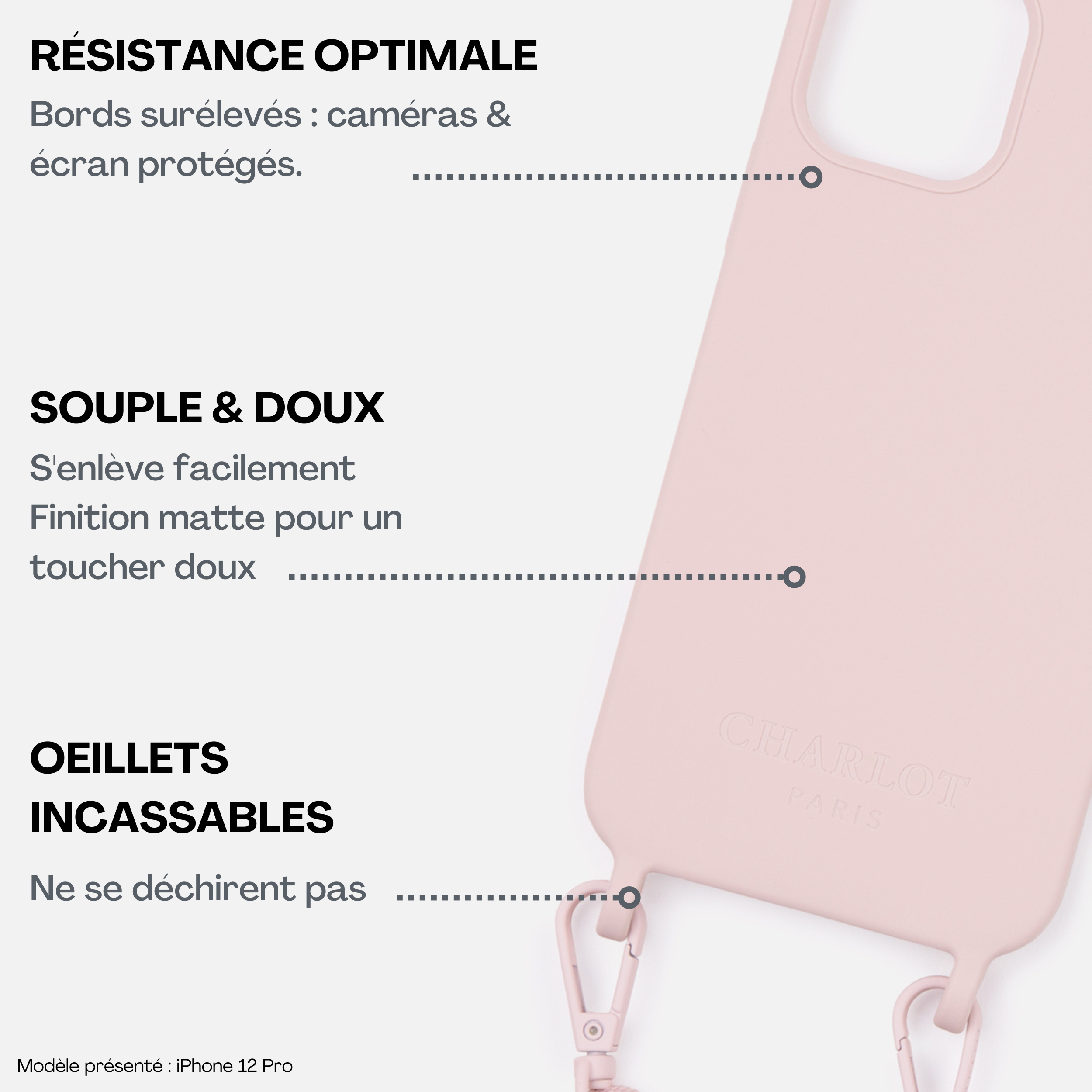 Coque Powder Pink + Mel cuir long noir